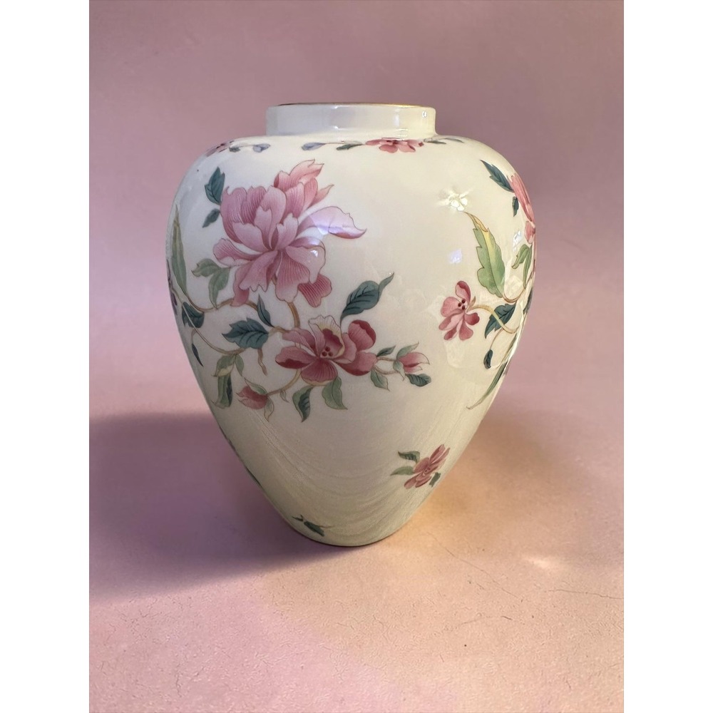 Lenox Barrington Collection Floral Vase with Pink flowers and gold edging